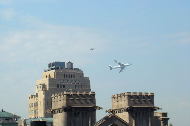 Photograph of a Boening 747 and a fighter jets flying near lower Manhattan by istolethetv on Flickr